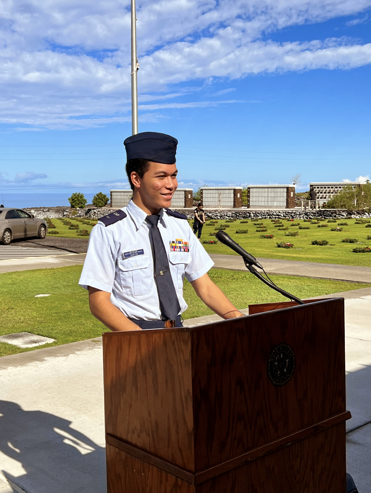 Cadet 1st Lt Ariihau Ikaikaikapono Barton delivers opening remarks. 